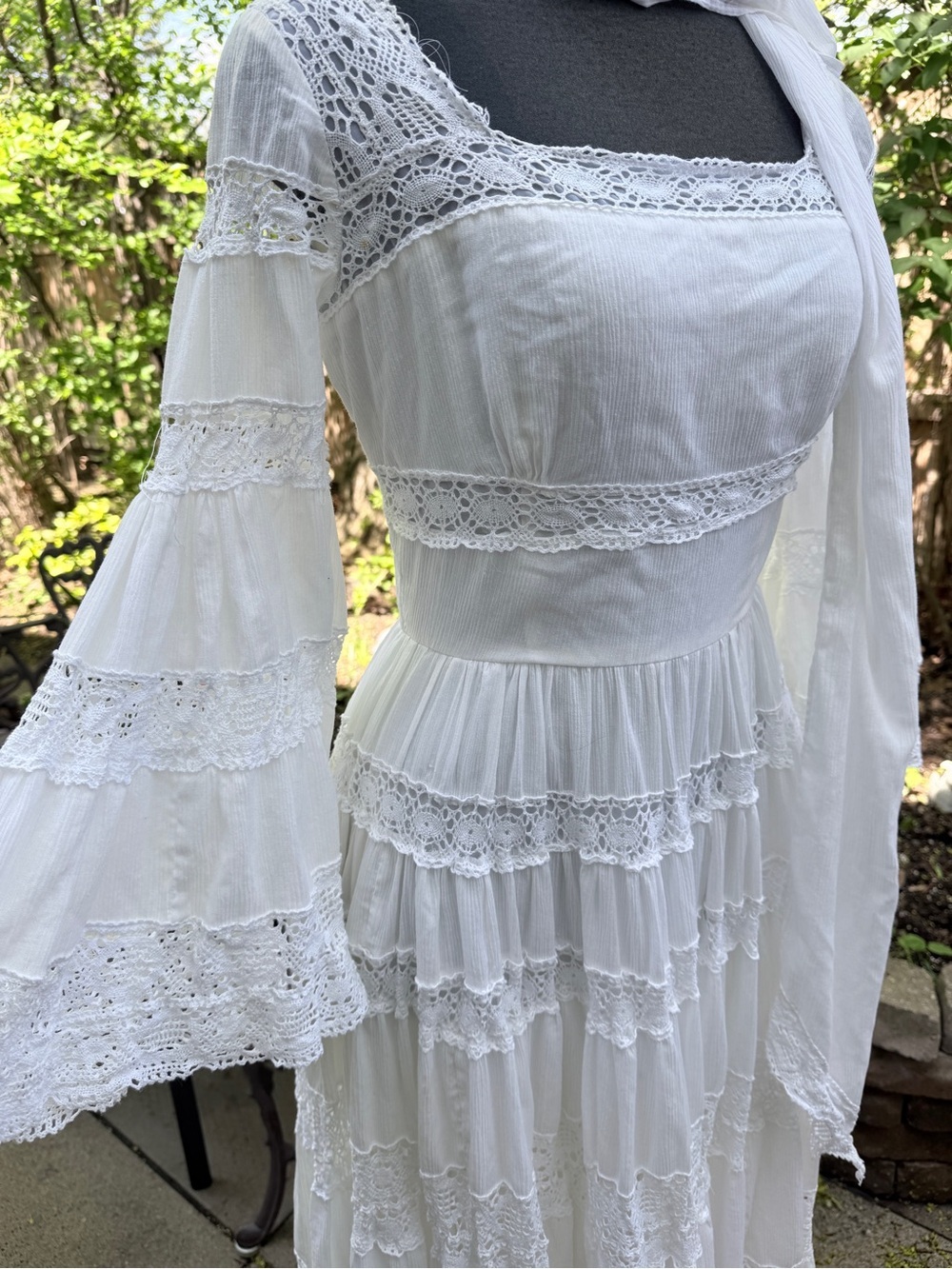 VINTAGE 70s Lily Simon Montreal Lace Prairie Maxi Dress + Matching Scarf - Picture 2 of 14